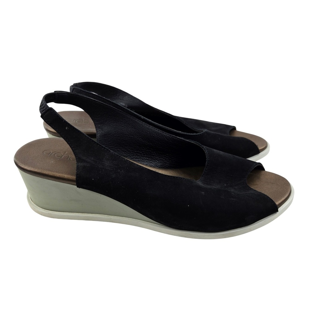 Arche Suryli Black Suede Slingback Wedge Peep Toe Shoes Womens Size 40 9 Comfort
